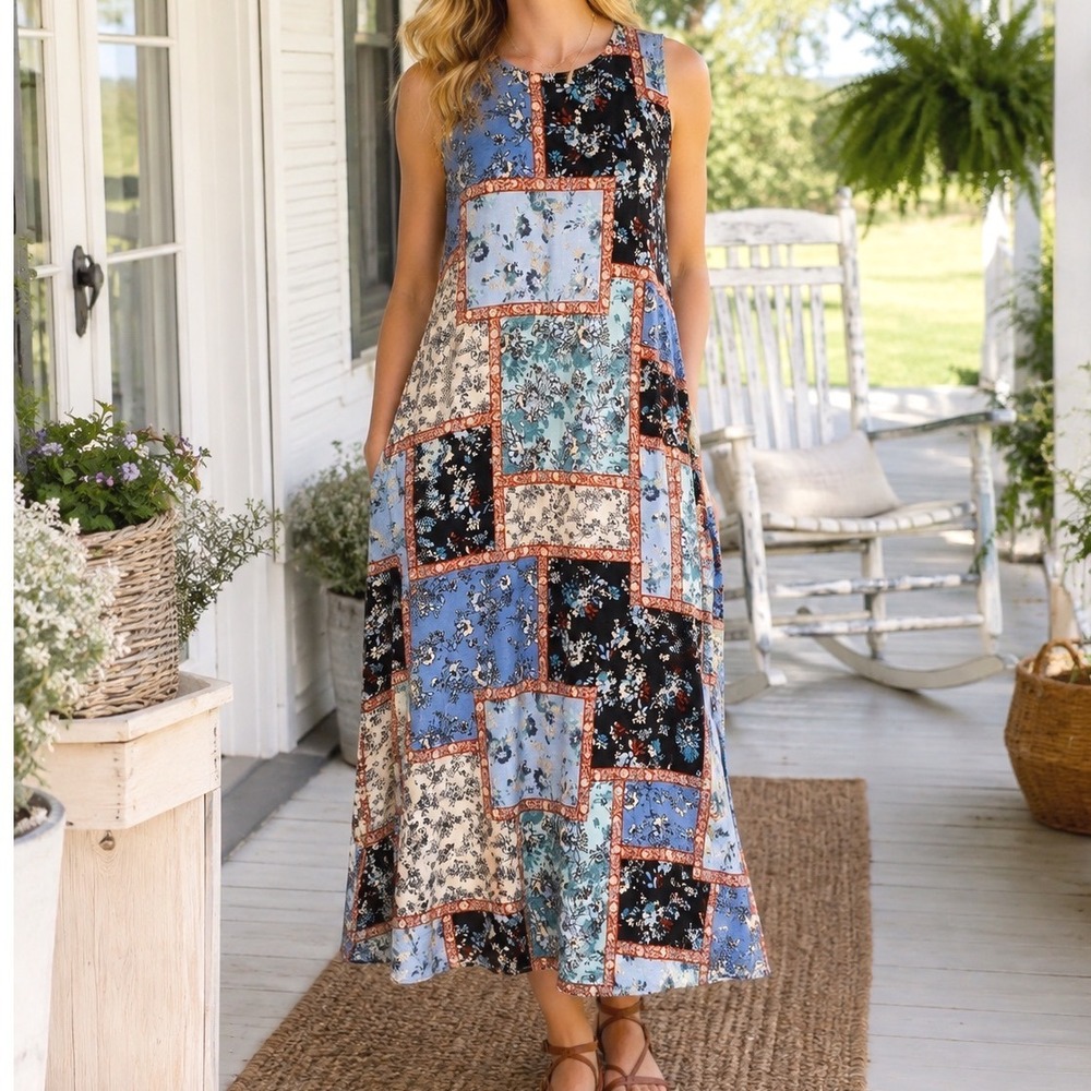 J. Jill Womens Blue Black Patchwork Floral Sleeveless Maxi Dress  Pockets S A10